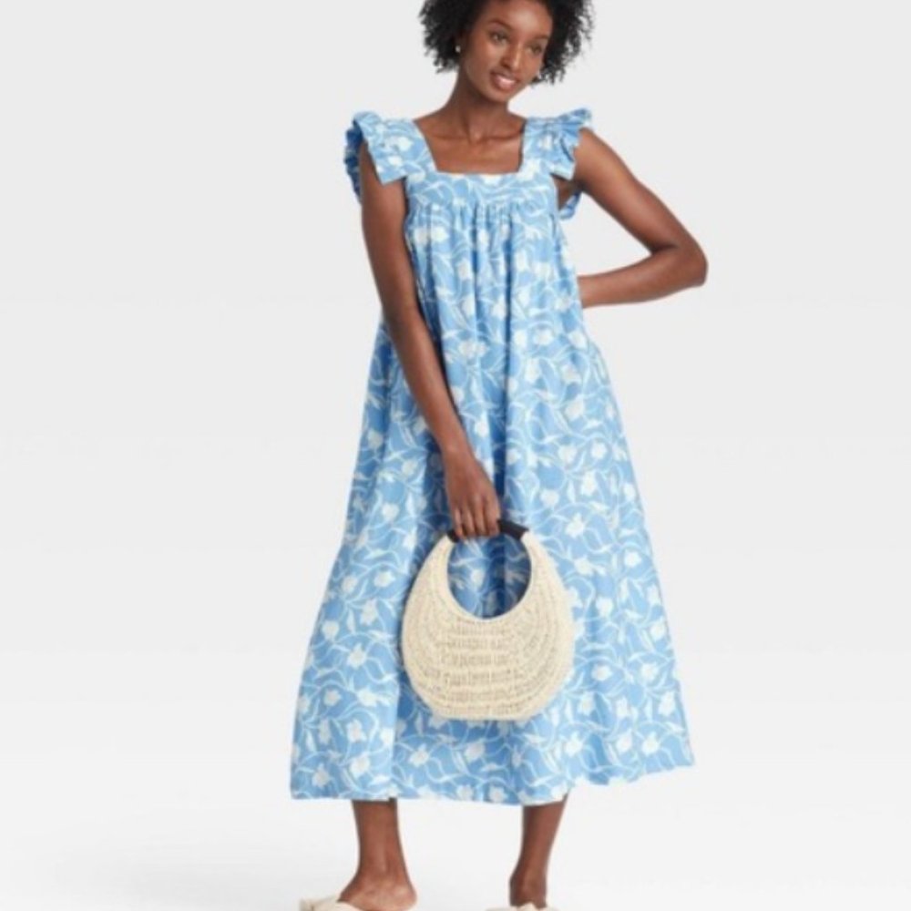 Target A New Day Ruffle Short Sleeve Maxi Dress Blue Floral